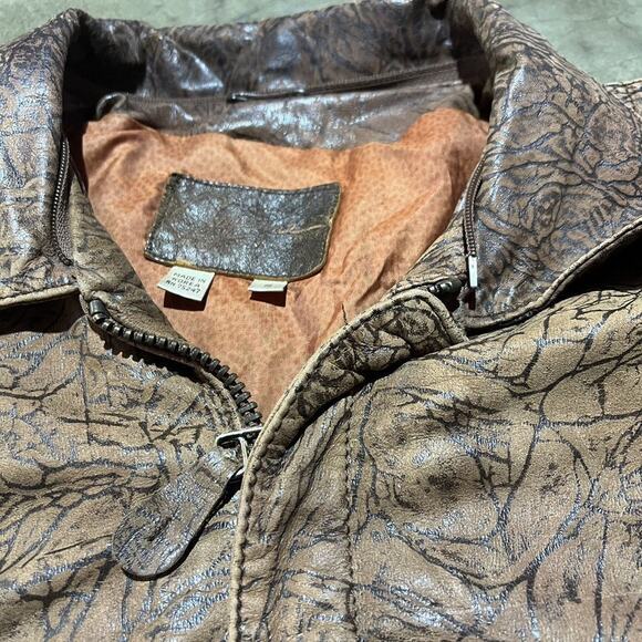Vintage 80s Brown/Black Pattern Leather Bomber Jacket - Picture 3 of 4